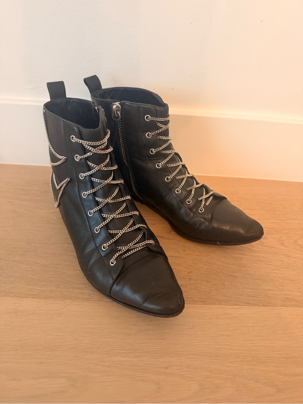 Giuseppe Zanotti Black Pointed Lace-Up Ankle Boots with Silver Chain Laces